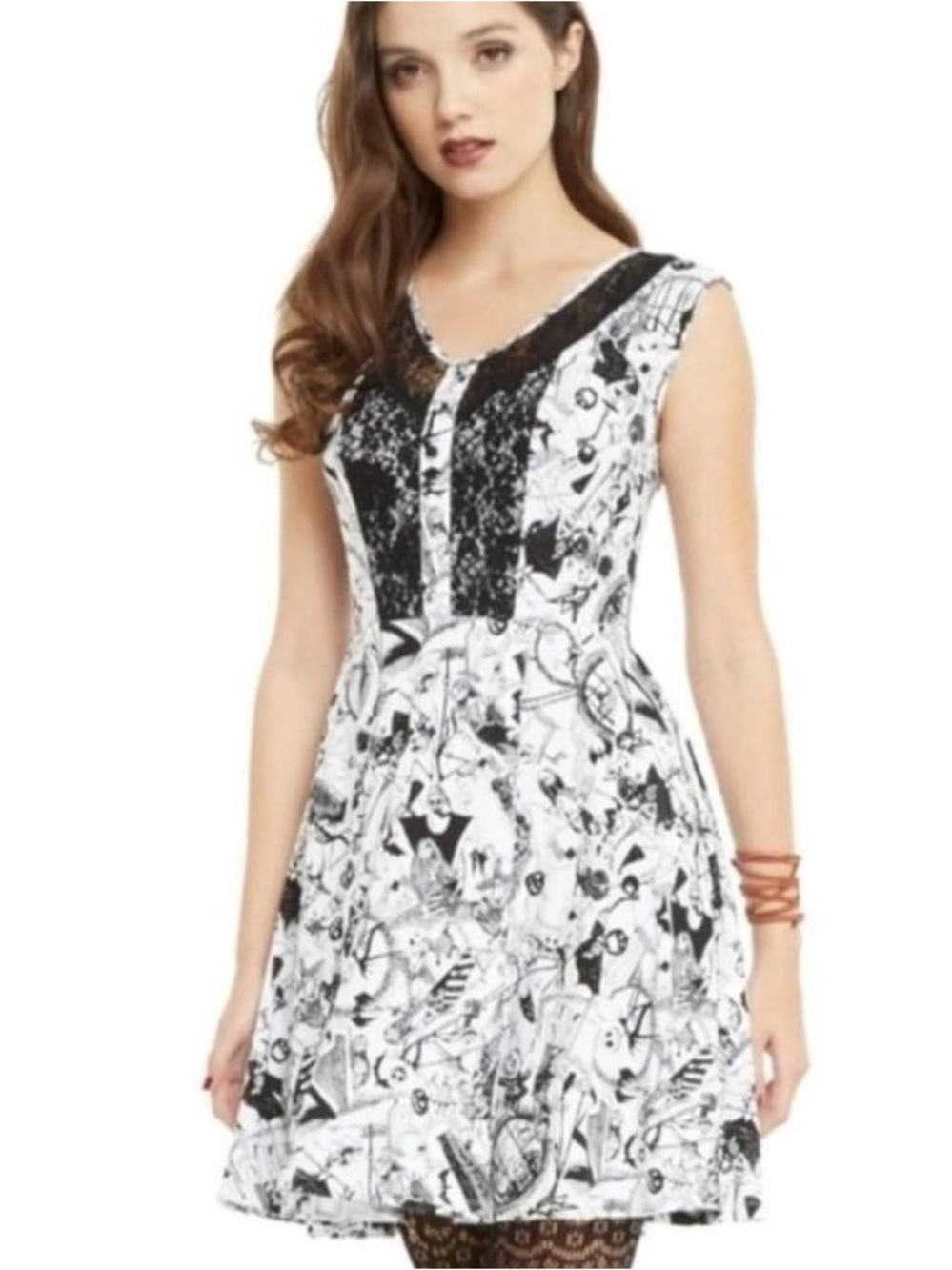 Black and White V-Neck Lace Accent Fit-and-Flare Dress